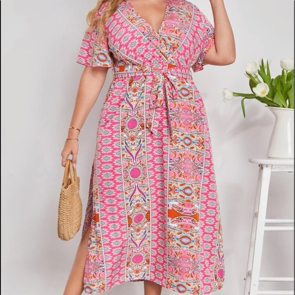 Boho Plus Size Tribal Floral Print Side Slit Belted Maxi Dress Green - Picture 4 of 8